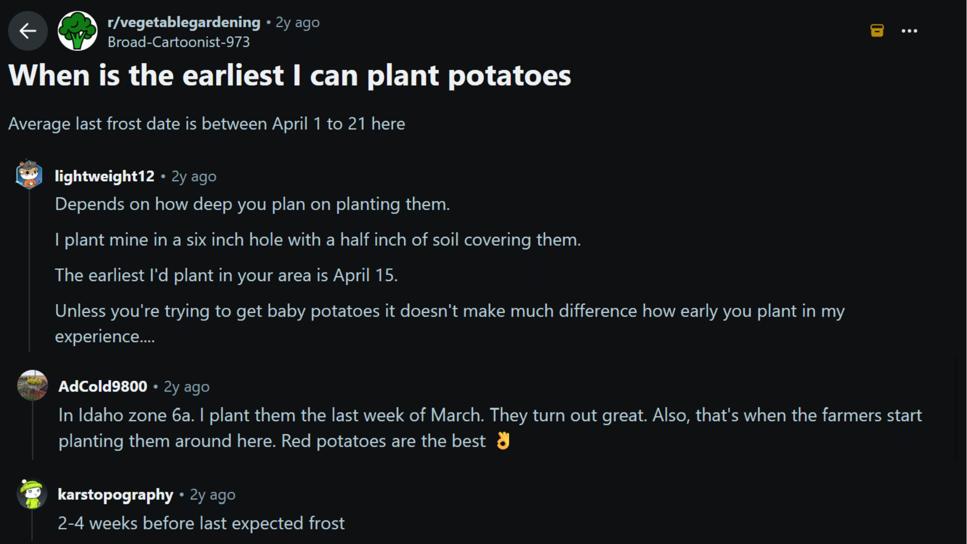 gardeners on reddit say about potato planting with tips on frost timing planting depth and regional dates