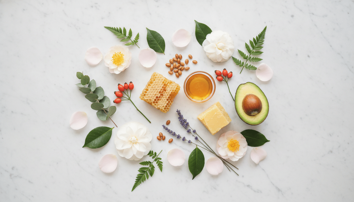 Honeycomb, avocado, and herbs arranged with flowers on a marble surface