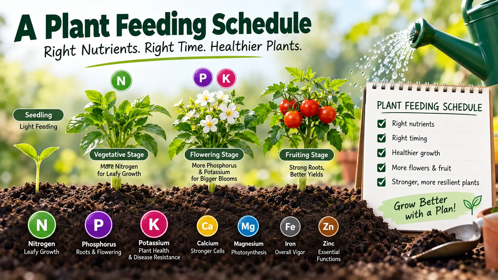 Plant growth stages with nutrient icons and watering can in garden setting