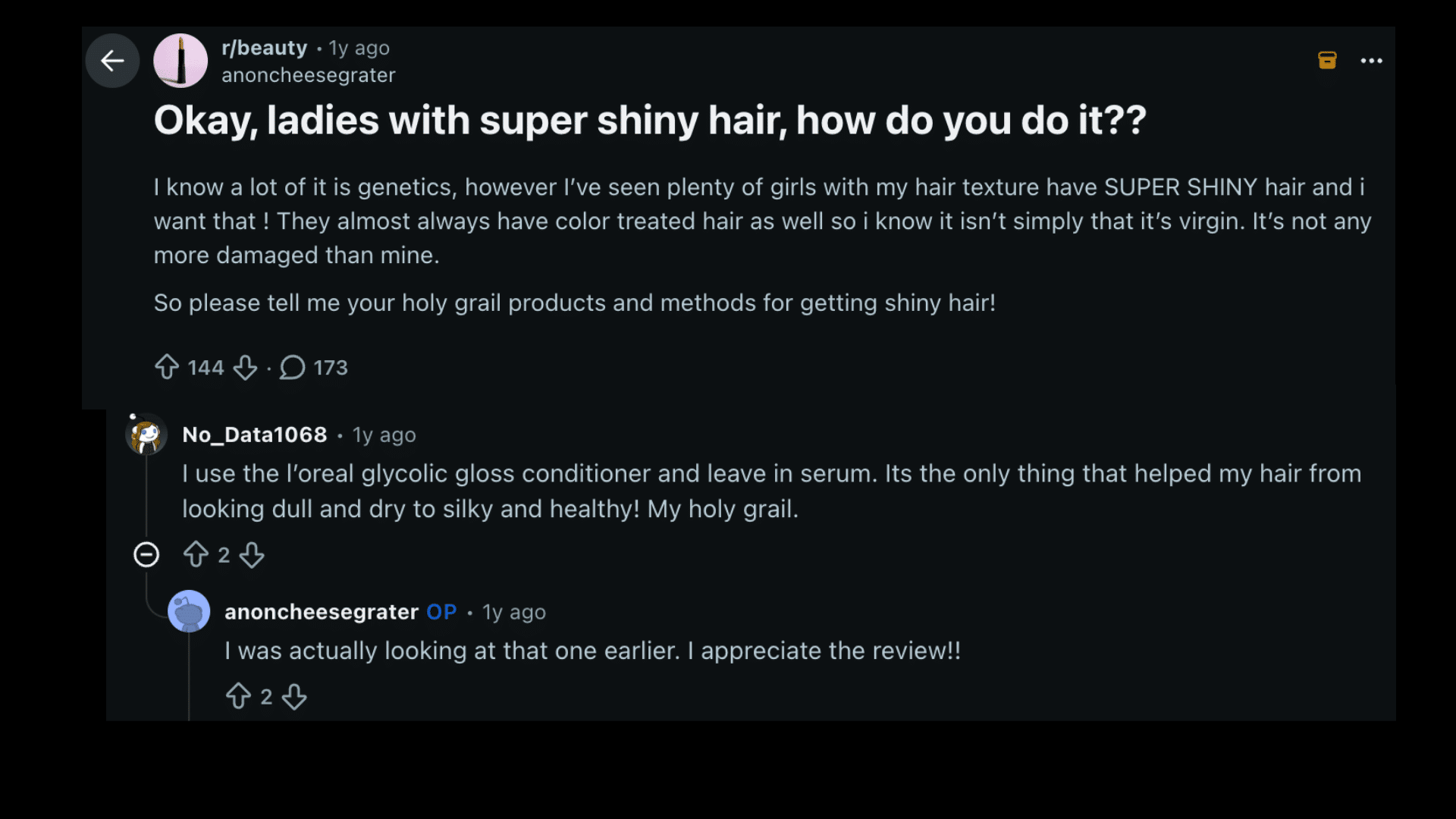 Reddit thread sharing information and tips about shiny hair