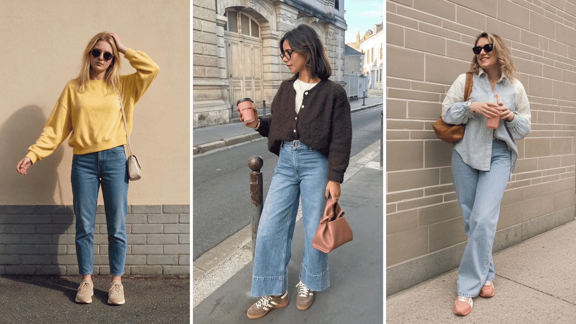 a collage of three women wearing casual layered outfits with jeans sweaters and sneakers for mild 60 degree weather
