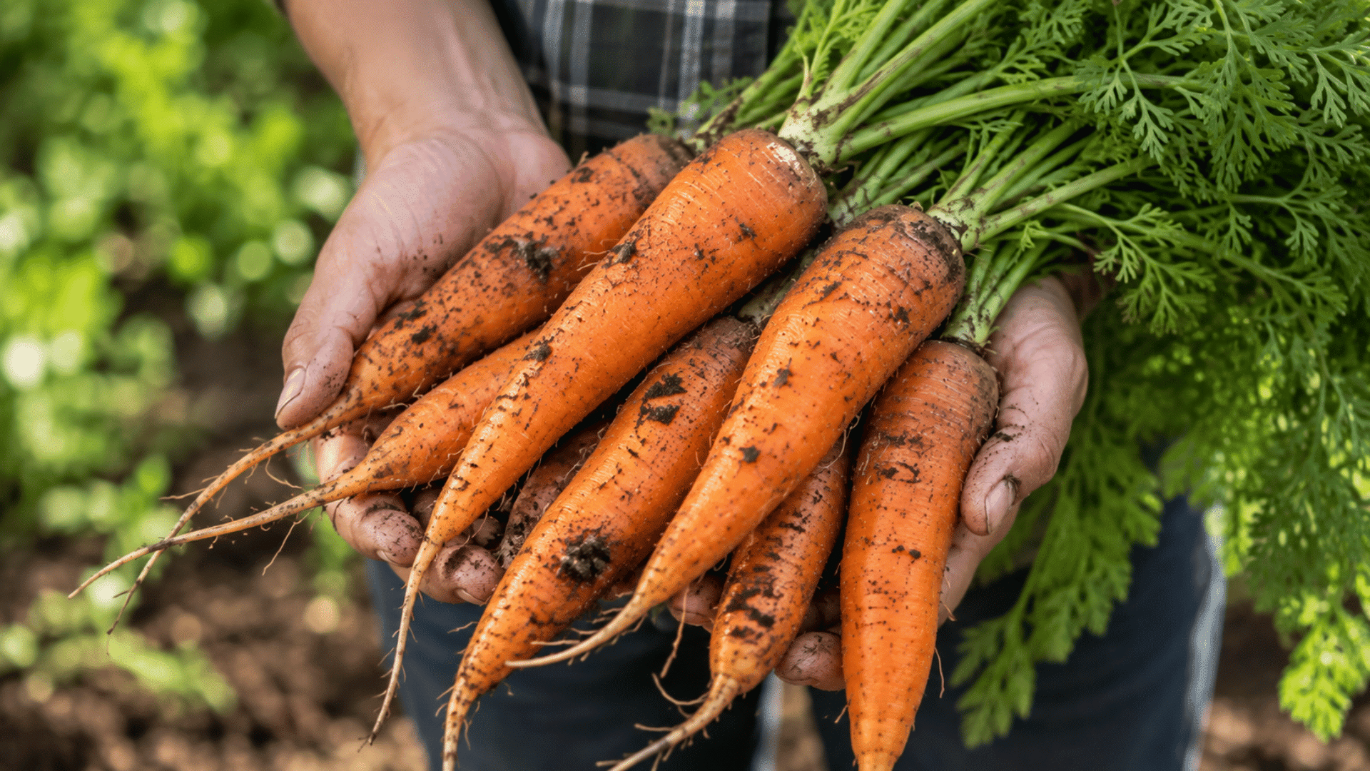 a person holding freshly harvested carrots covered with soil and green leafy tops in a garden