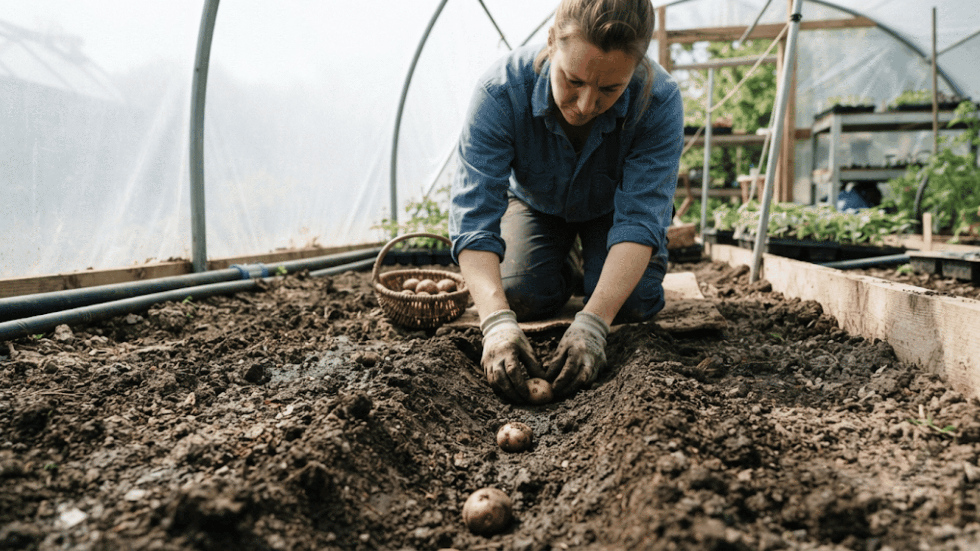 gardener planting seed potatoes in rich soil inside a greenhouse with raised beds and young plants