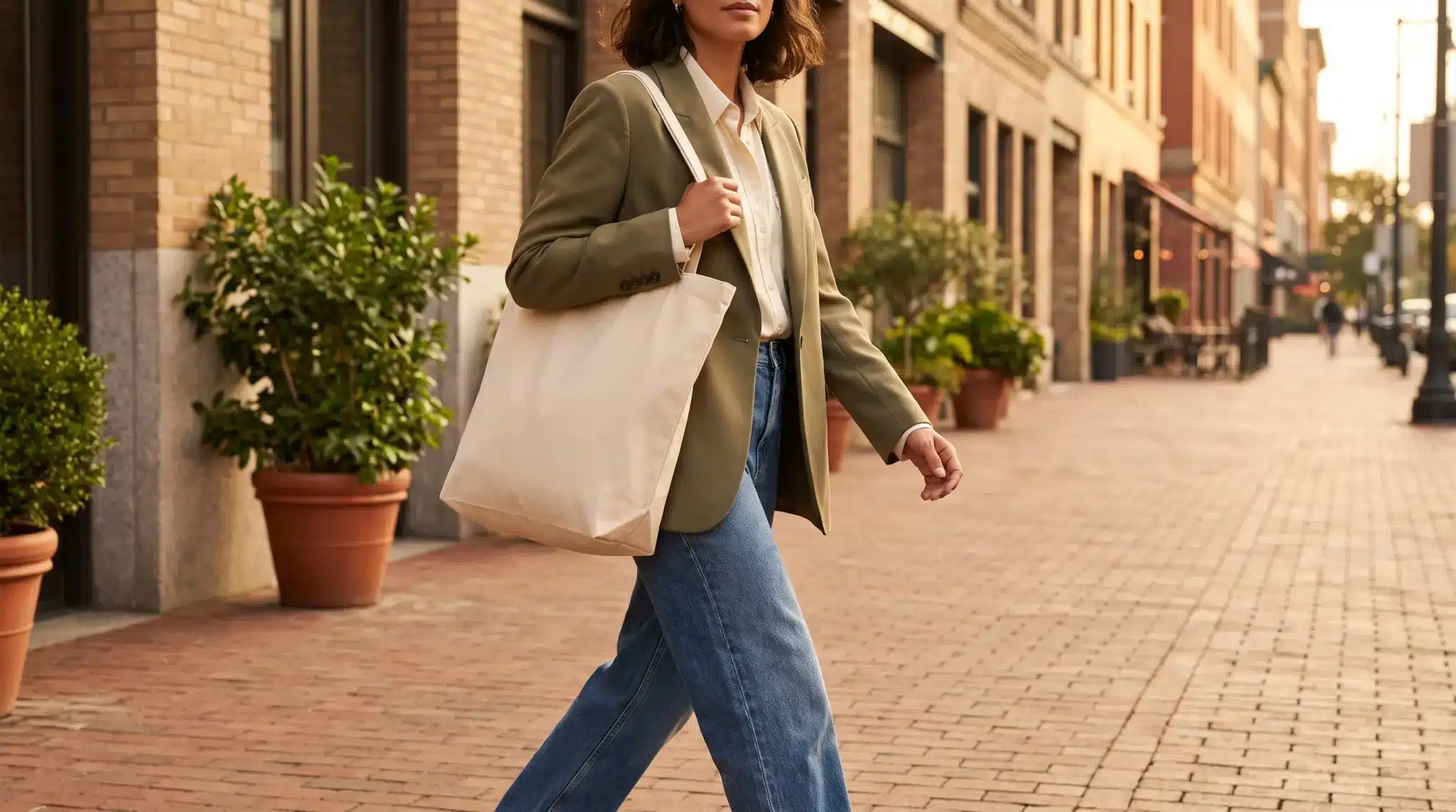 Woman walking on a city street holding a beige tote bag, with potted plants nearby