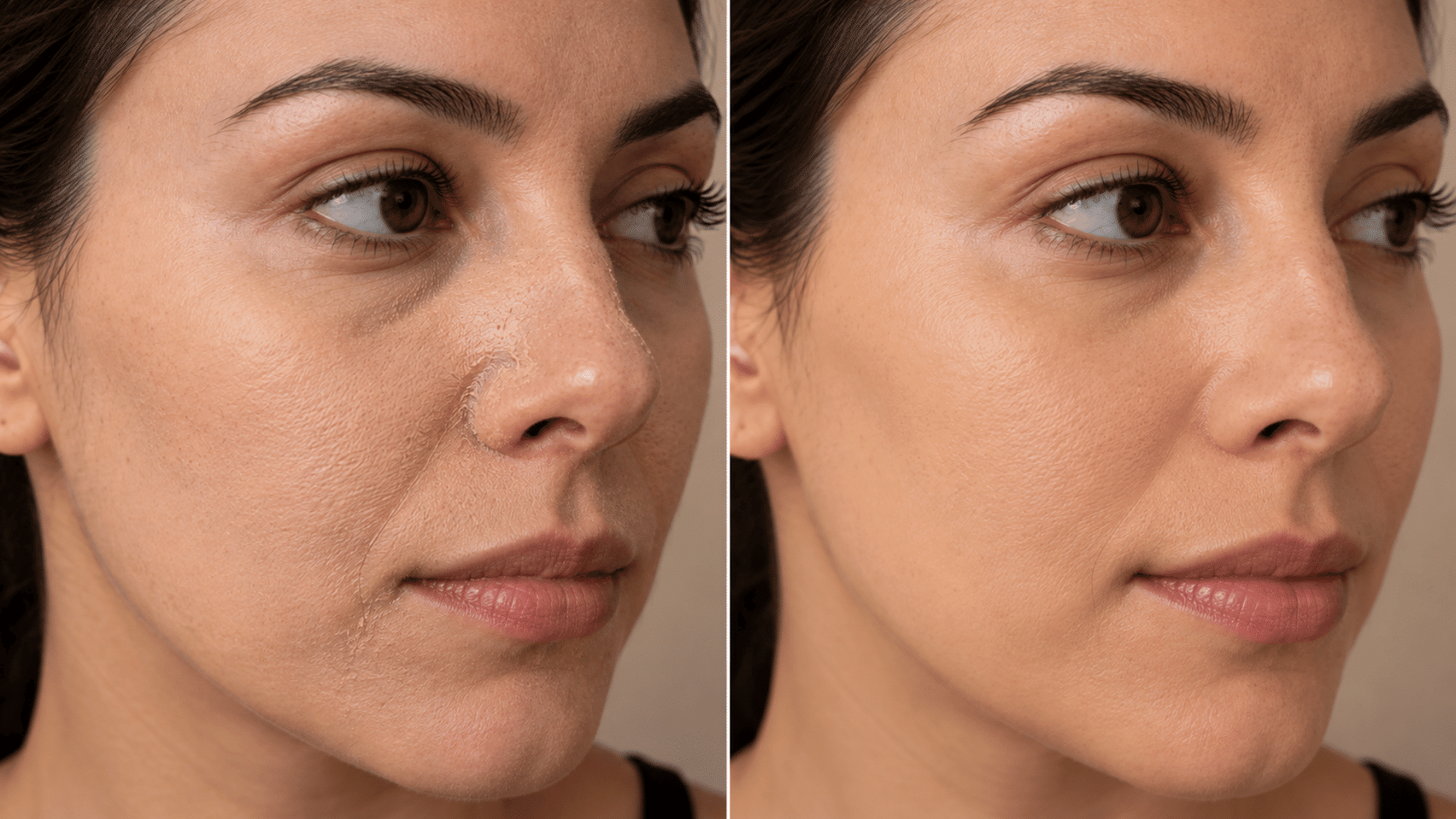 before and after of a woman's makeup look