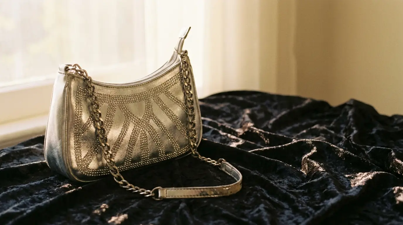 Elegant silver handbag with chain strap on dark velvet surface in soft natural light