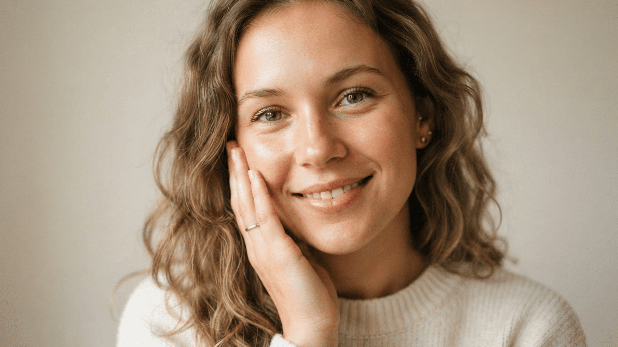 woman touching her face gently with her hands during a simple daily skincare routine