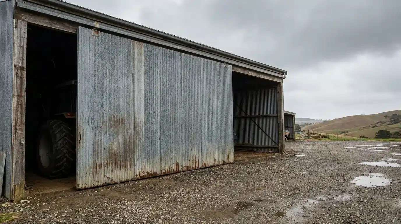 Metal barn with partially open doors on a rainy day in rural landscape
