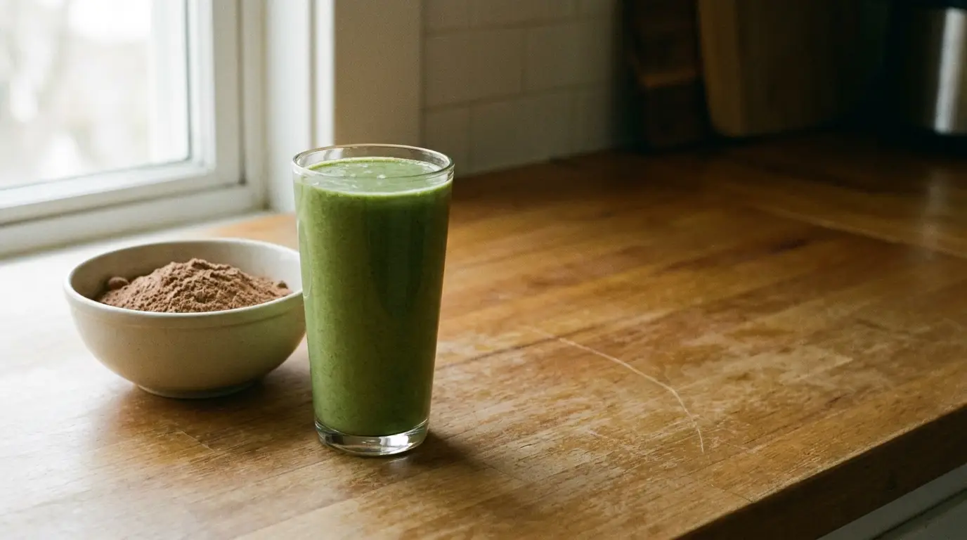 Thick green plant-based shake in a glass next to a ceramic bowl of powder on a wooden counter