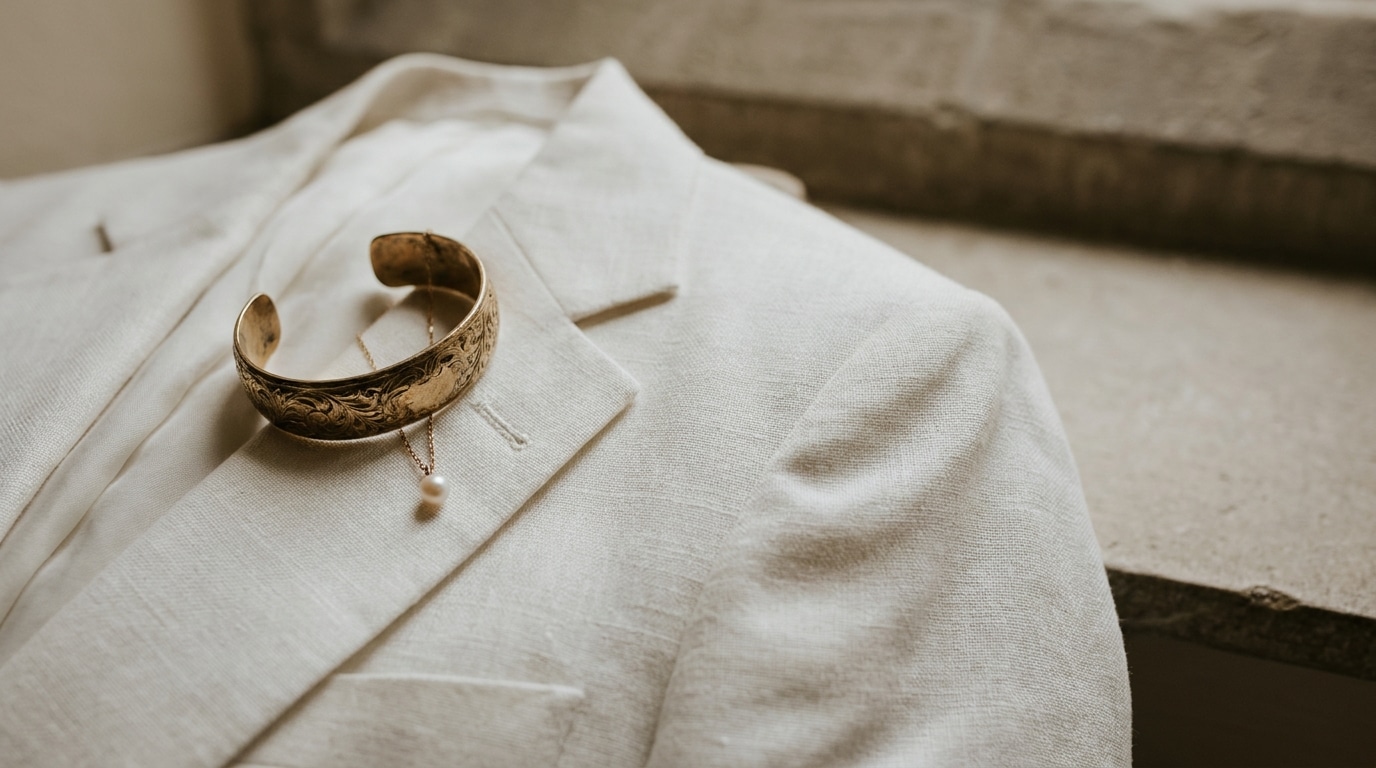 Beige linen blazer with engraved gold cuff bracelet and pearl necklace on collar