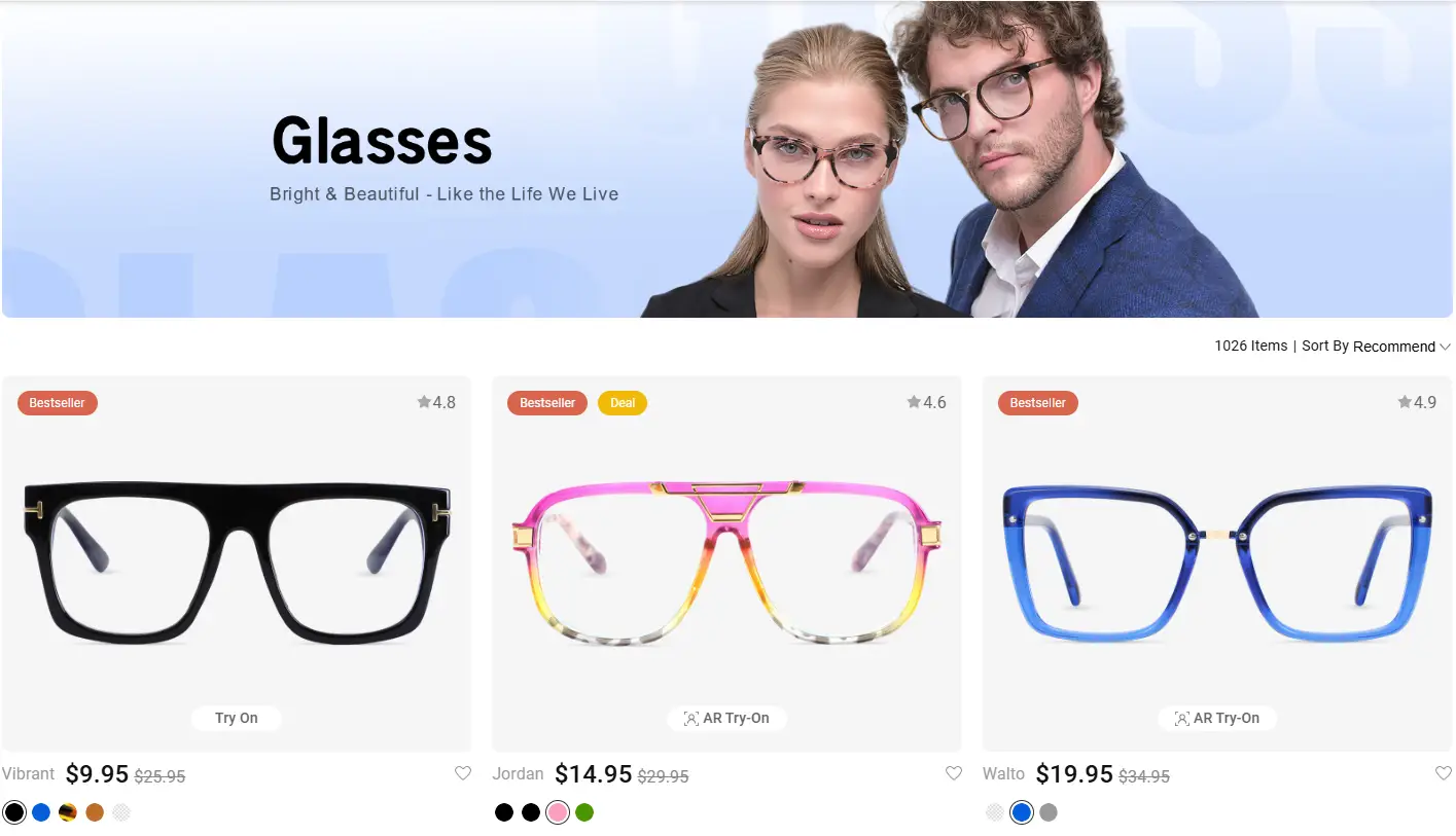 Stylish eyewear display with various vibrant glasses in different colors and designs