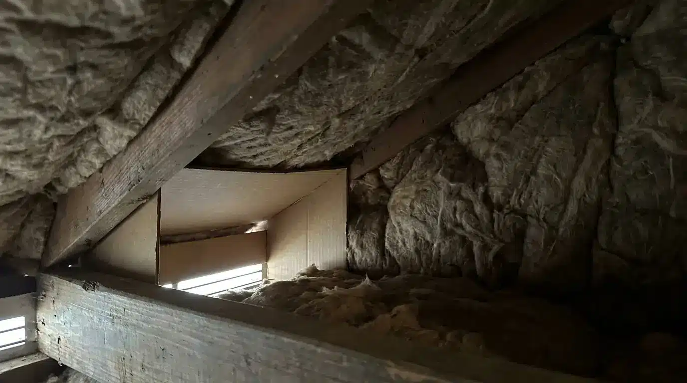 Brown insulation material fitted between wooden beams in an attic space with natural light.