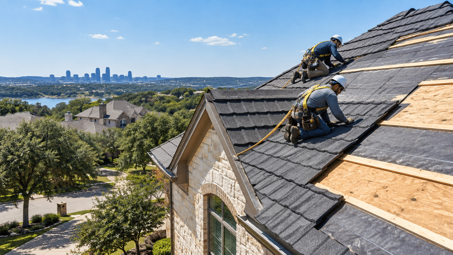 Roofers installing shingles on house roof with city skyline in background under clear blue sky