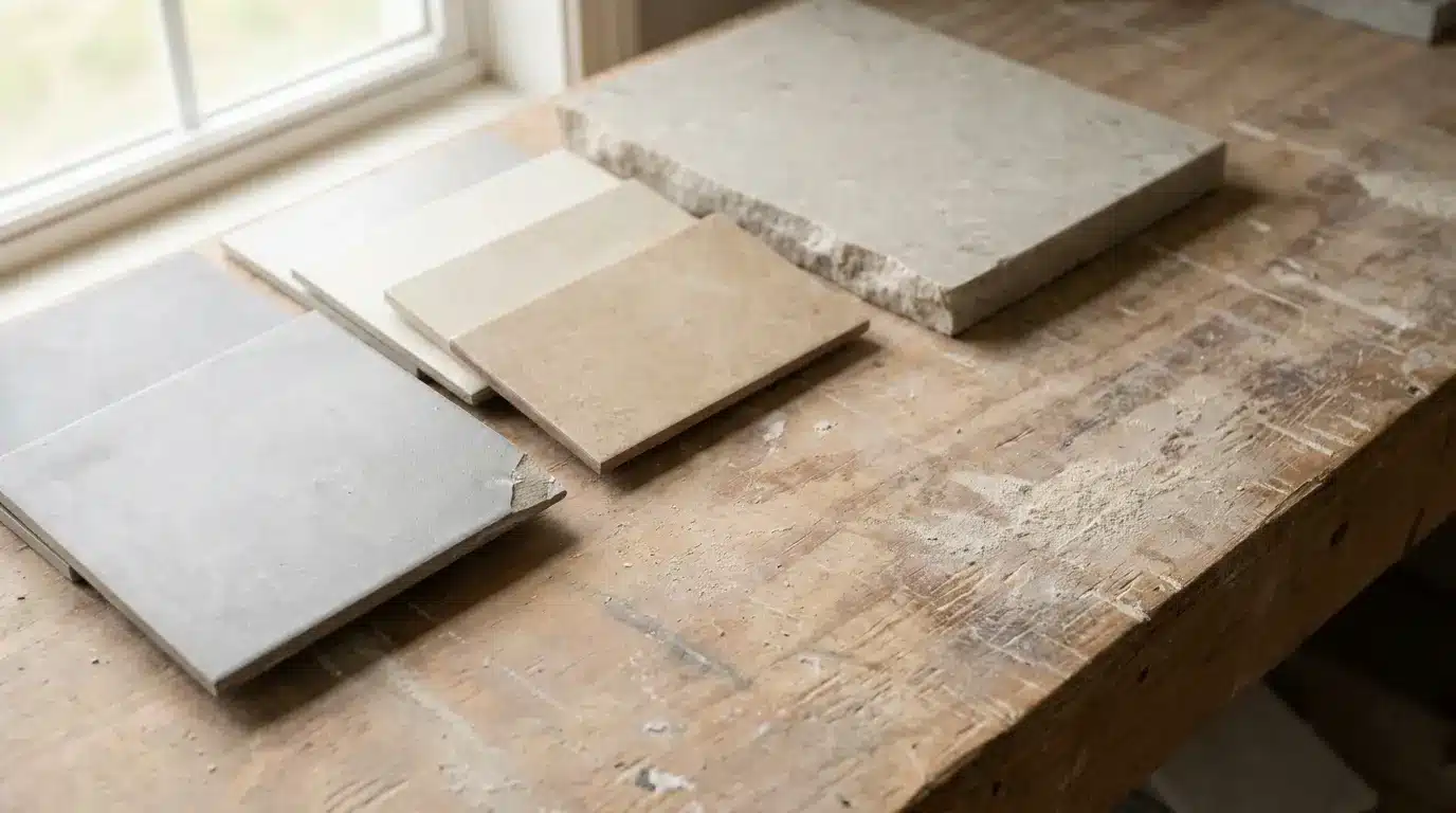 Porcelain tile samples and a stone countertop offcut laid out on a dusty wooden workbench in daylight