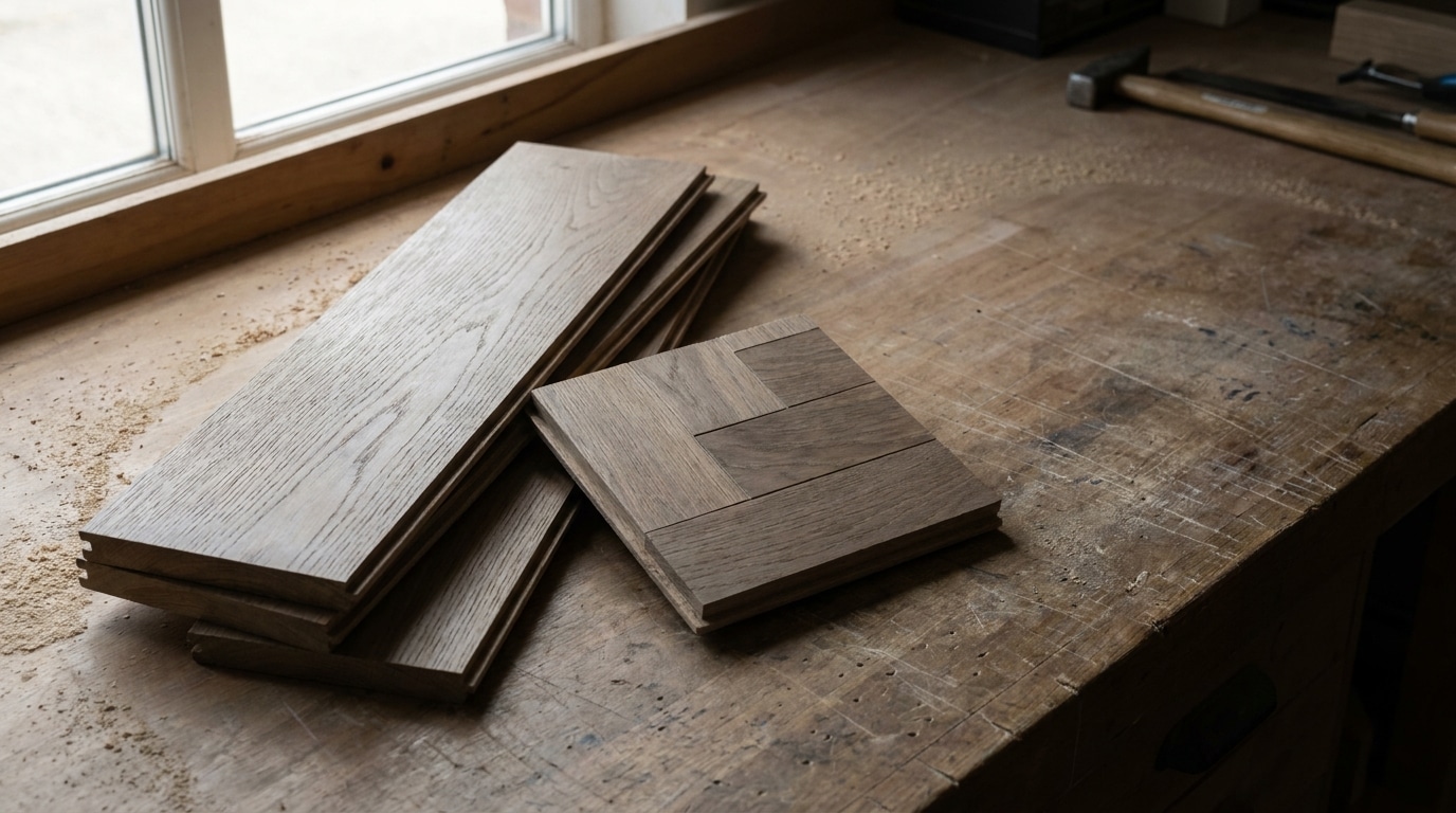 Wooden parquet flooring samples arranged on a rustic wooden workbench near a window