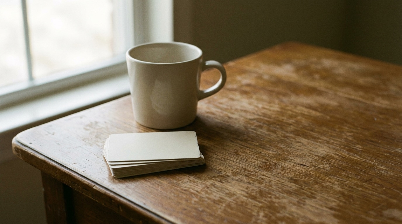 Cup of coffee and notepad on rustic wooden table by window in soft natural light