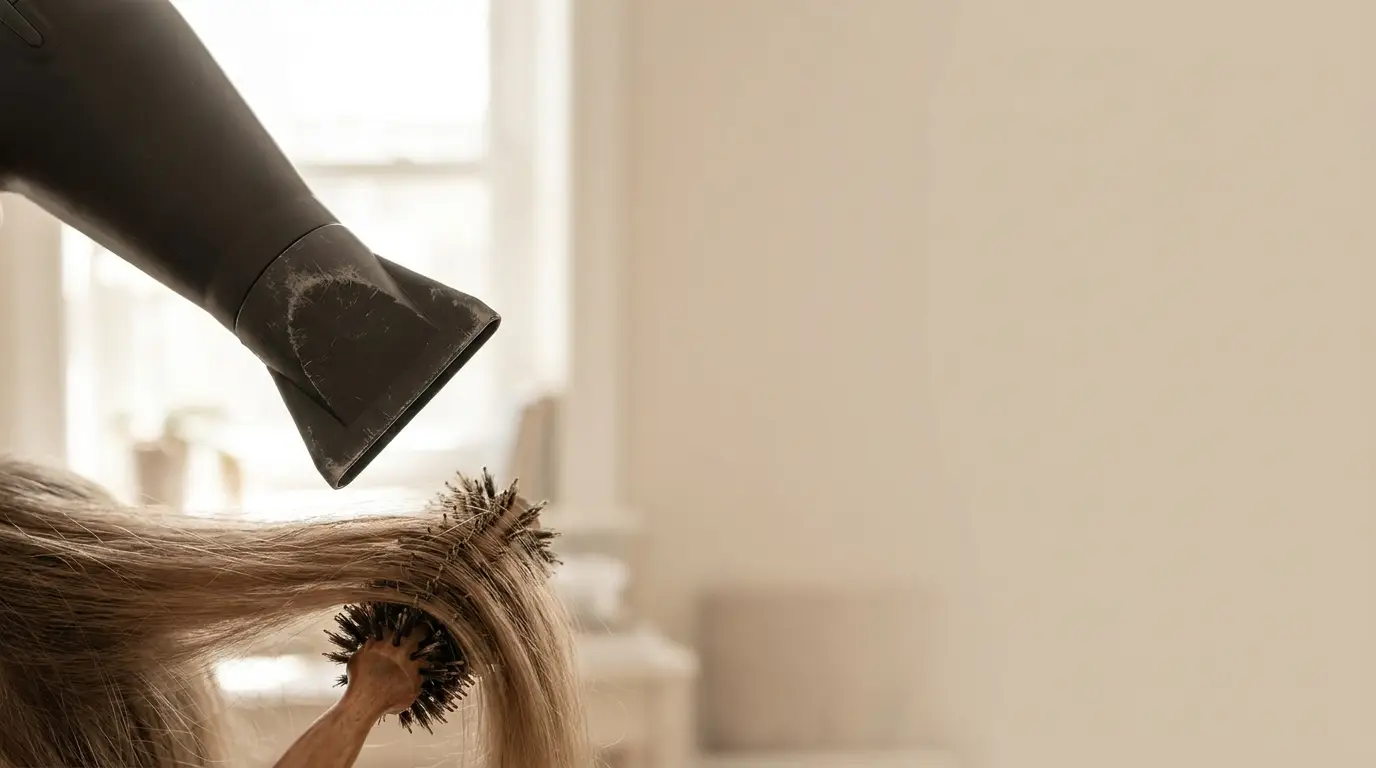 Hair dryer nozzle angled downward along hair lifted at the roots with a round brush near a window