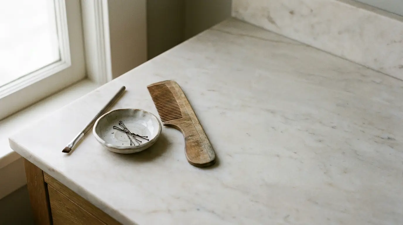 Wooden comb, ceramic dish with bobby pins, and brush on marble countertop near window