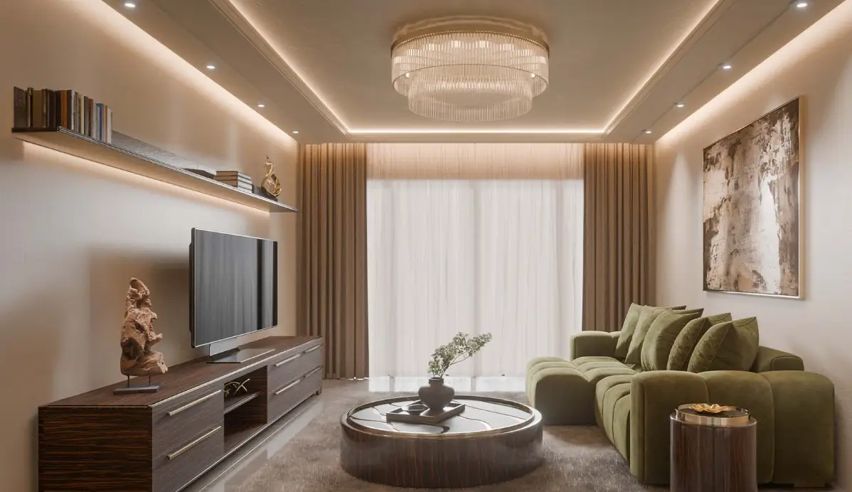 Modern living room with green sectional sofa, wall-mounted TV, and abstract art in warm lighting