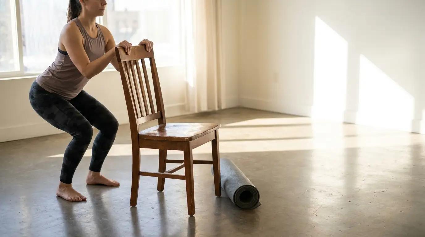 Person performing chair squat exercise in sunny minimalist room with yoga mat nearby