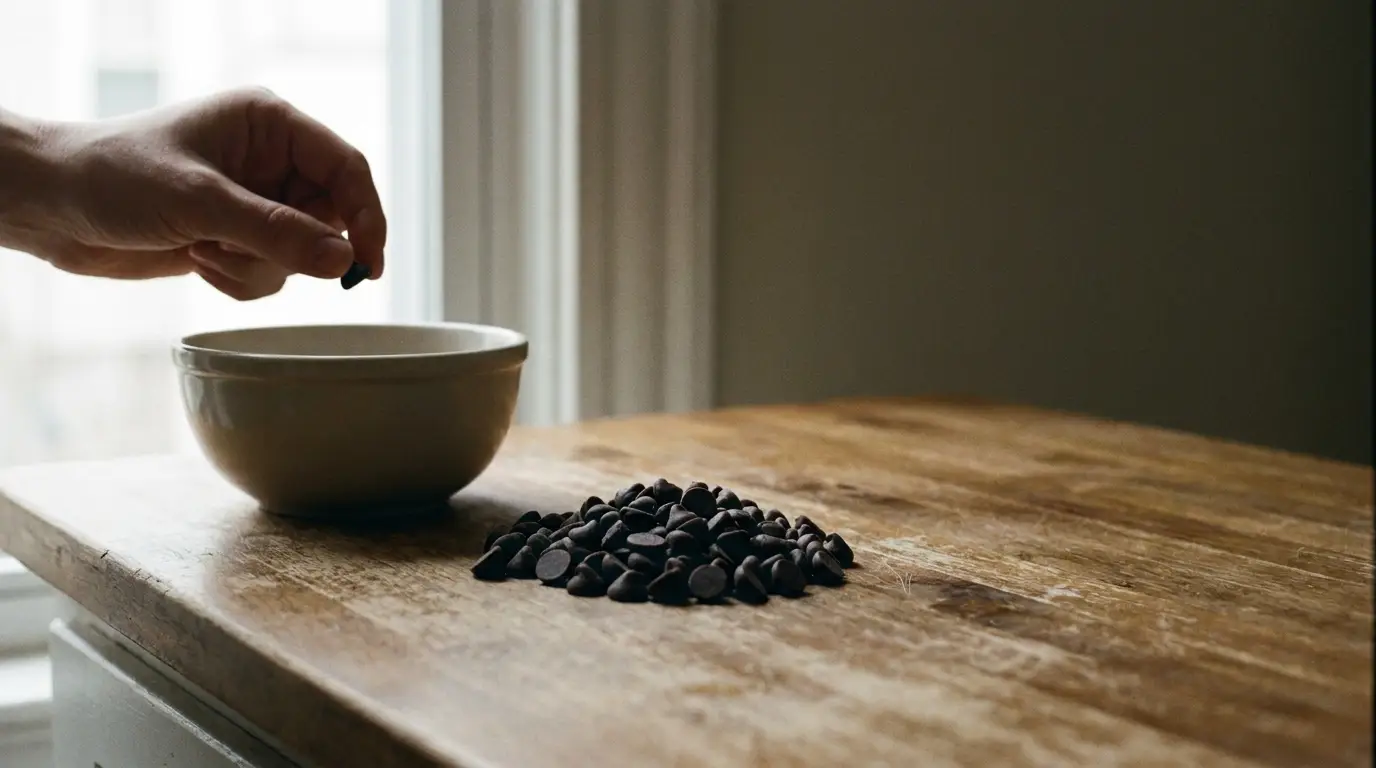 Hand picking chocolate chips next to bowl on wooden table in soft lighting