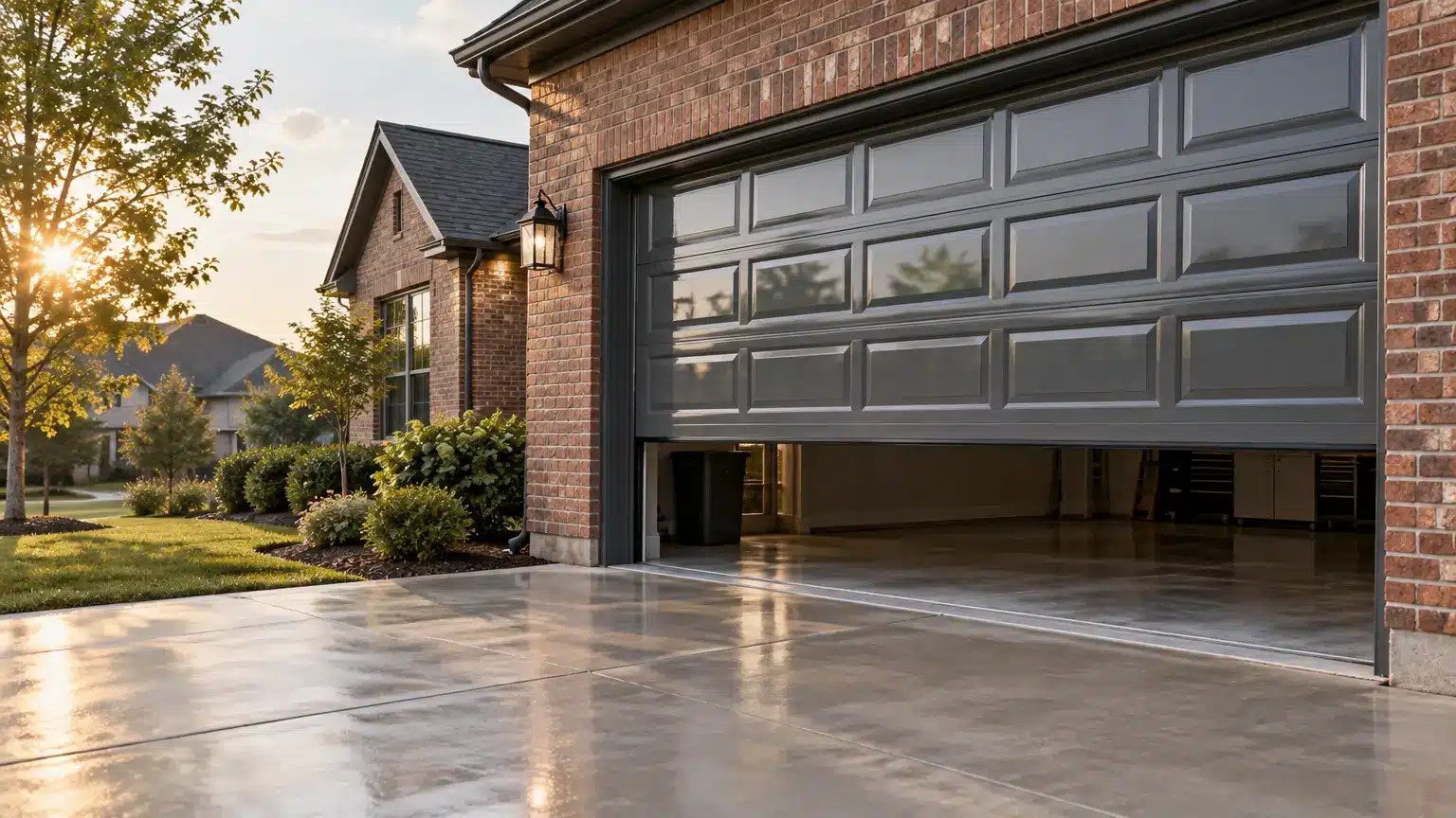 Brick house garage with partially open door in residential neighborhood at sunset
