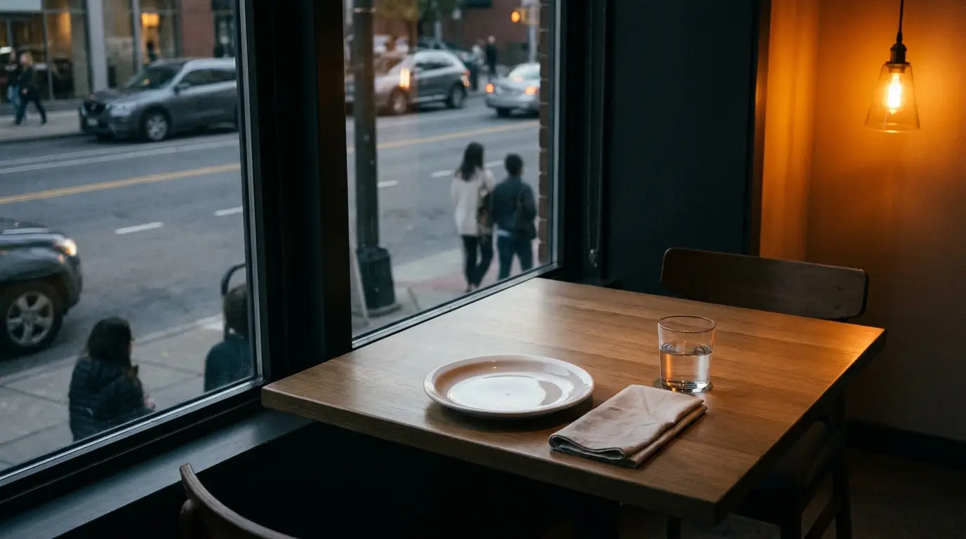 Cozy restaurant table by window with plate, glass, and napkin under warm light