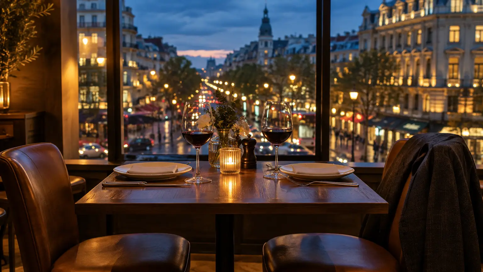 Dinner table set with wine glasses and candle overlooking city street at dusk