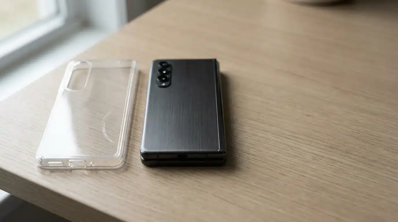 Foldable smartphone and clear case on wooden table near window in soft lighting