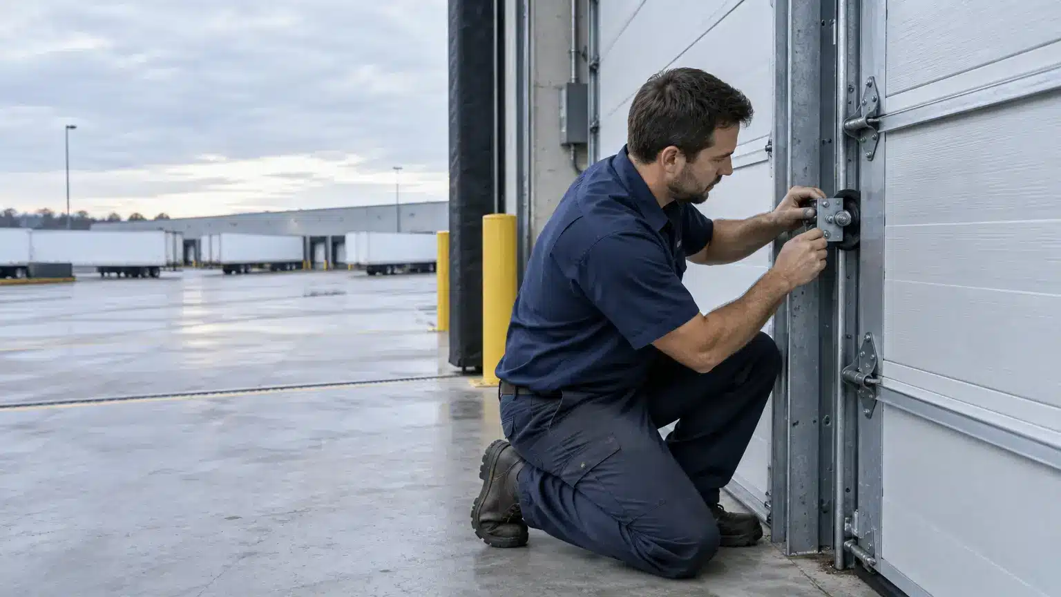 Dock worker repairing a garage door track at an industrial loading bay