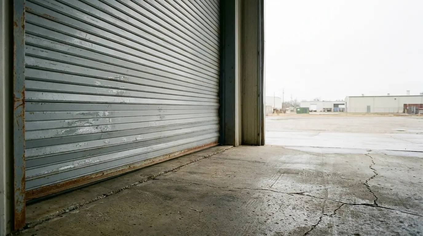 Partially open industrial garage door leading to an outdoor warehouse area