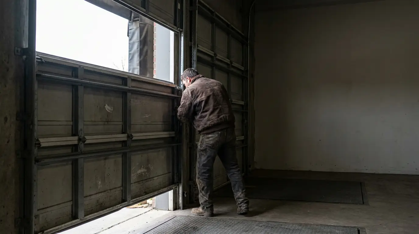 Man wearing a brown jacket repairing a garage door in a dimly lit space