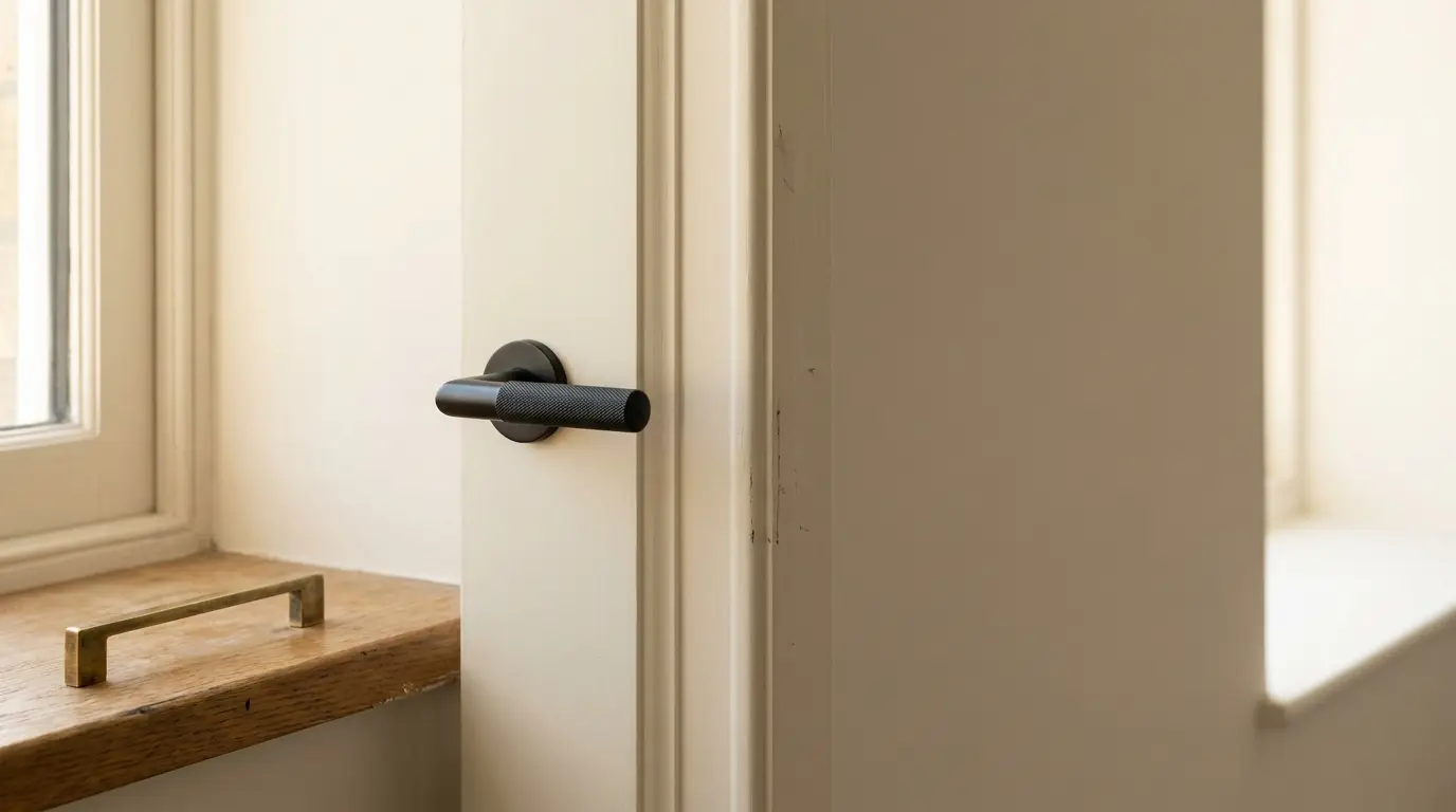 Matte black door handle on beige door next to wooden windowsill with brass handle