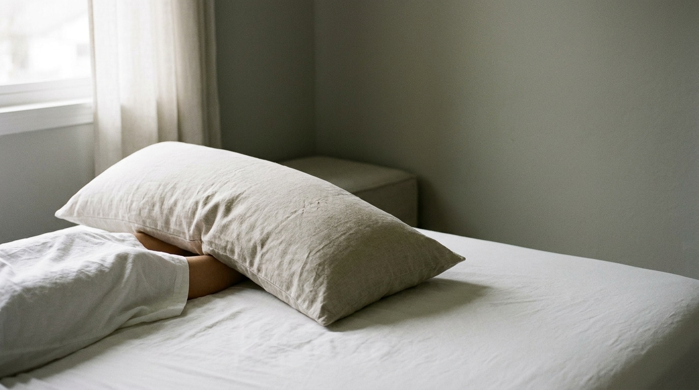Arm under pillow on unmade bed in softly lit bedroom