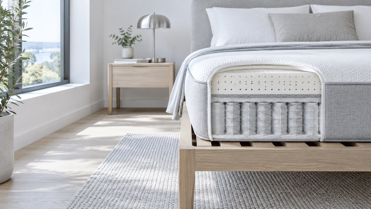 Mattress cross-section on modern wooden bed frame in bright bedroom with potted plant and gray rug