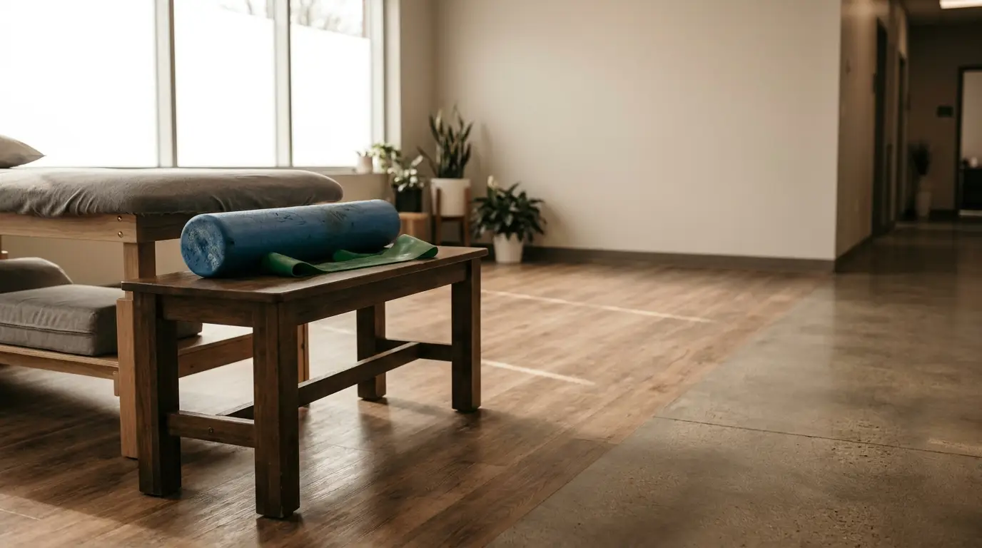 Therapy room with massage table, blue foam roller, and potted plants by large window