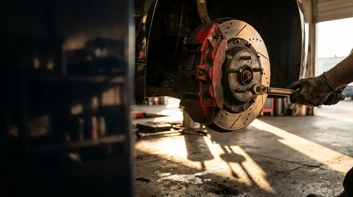 Mechanic working on vehicle brake disc with wrench in dimly lit garage workshop