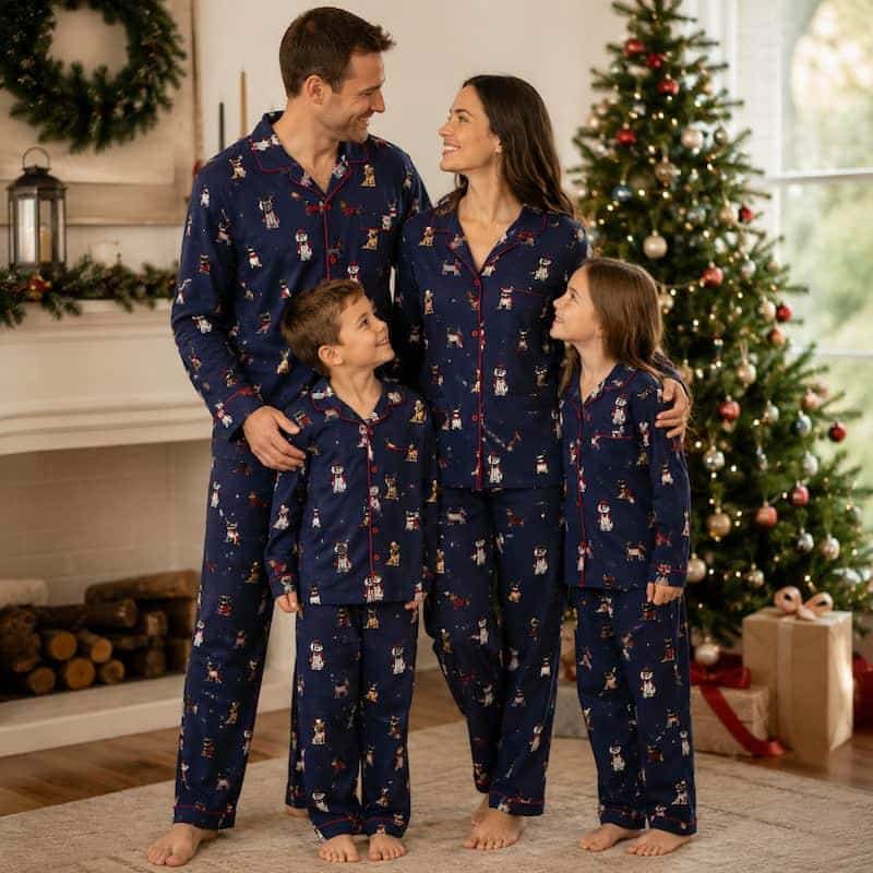 Family in matching blue pajamas standing by Christmas tree and decorated fireplace