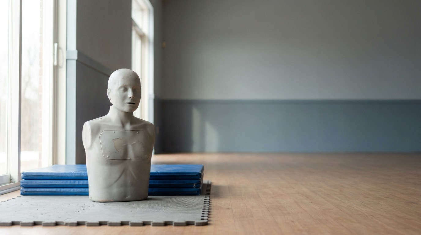 Martial arts practice dummy in spacious studio with wooden floors and stacked mats