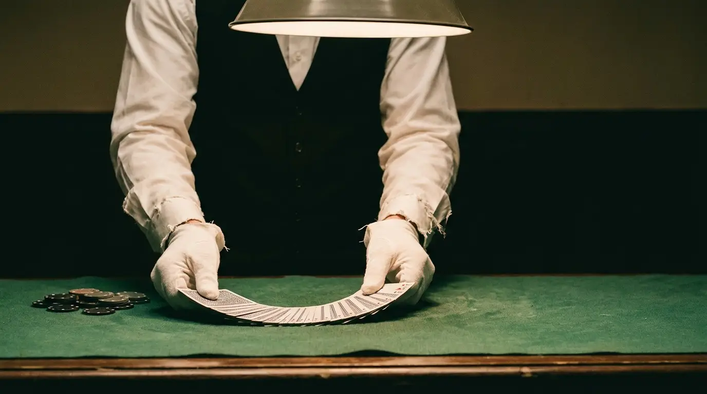 Dealer in black vest arranging cards on a green poker table under dim light