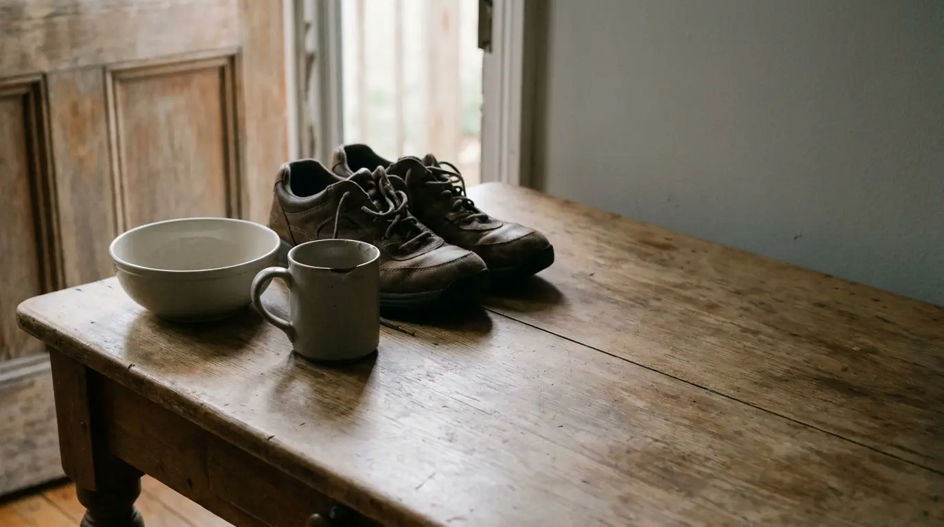 Worn sneakers beside bowl and mug on rustic wooden table in soft natural light