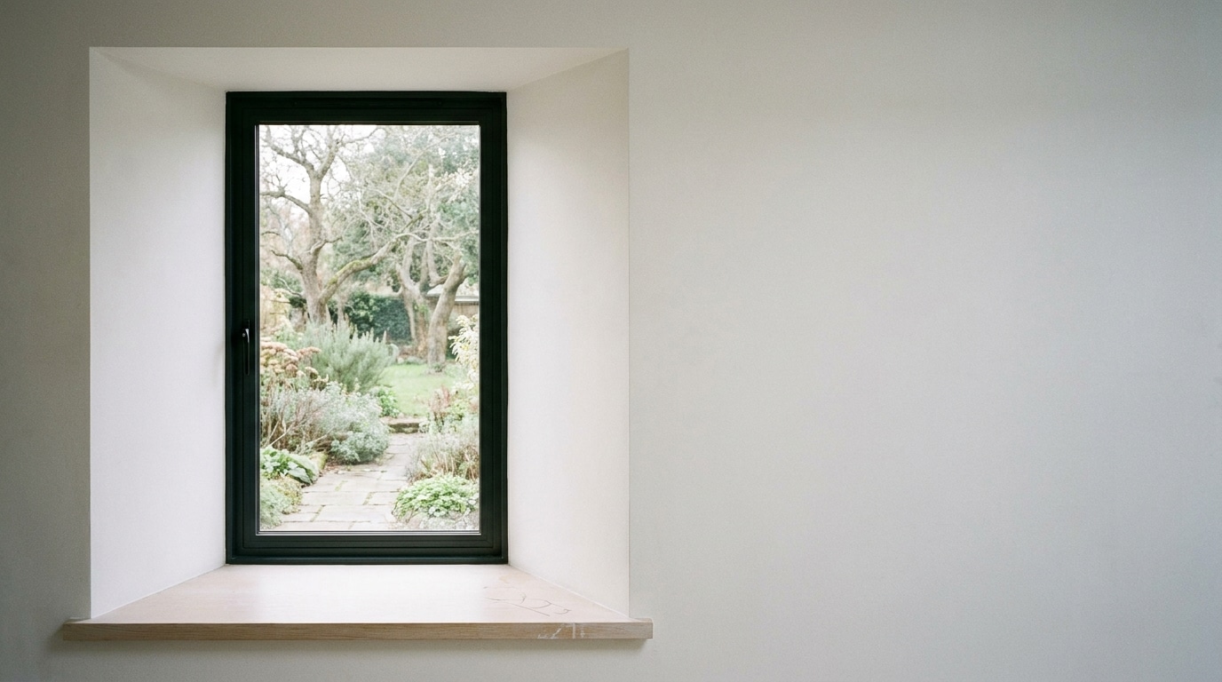 View through a large glass window of a garden with trees and stone path