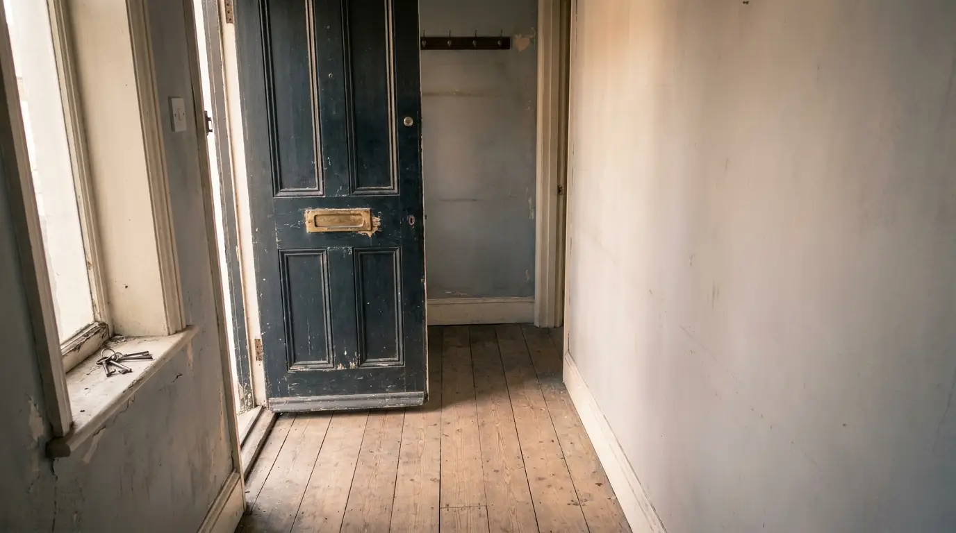 Old blue wooden door slightly open in narrow, empty hallway with wooden floorboards