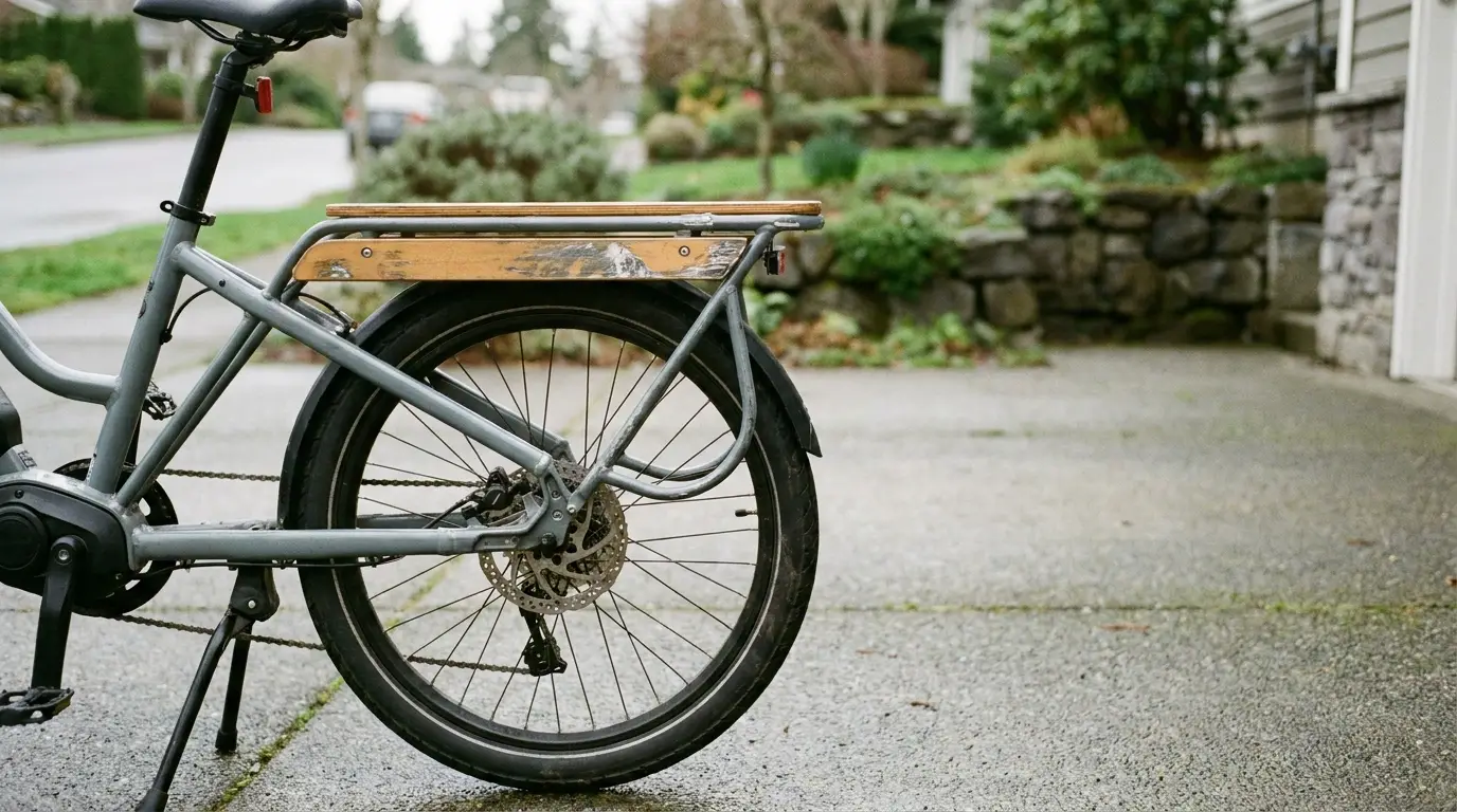 Longtail cargo electric bike parked outdoors showing disc brake, step-through frame and worn rear rack