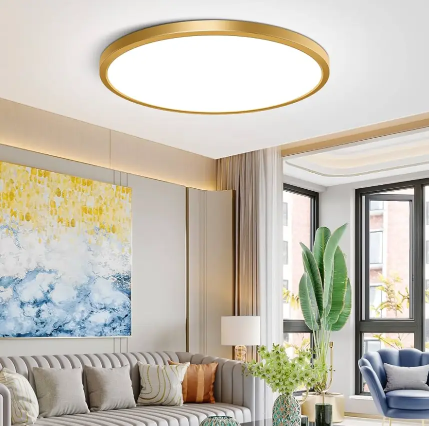 Modern living room with circular ceiling light, abstract painting, and large windows