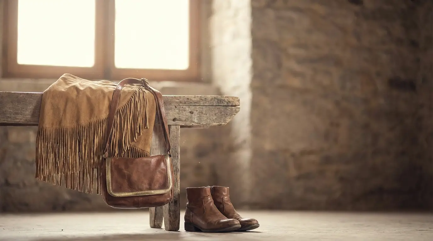 Fringed suede shawl and leather bag on rustic wooden bench indoors with stone walls