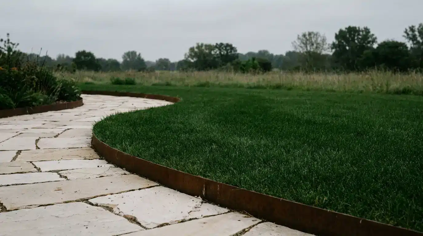 Stone garden path beside neatly trimmed green lawn on a cloudy day
