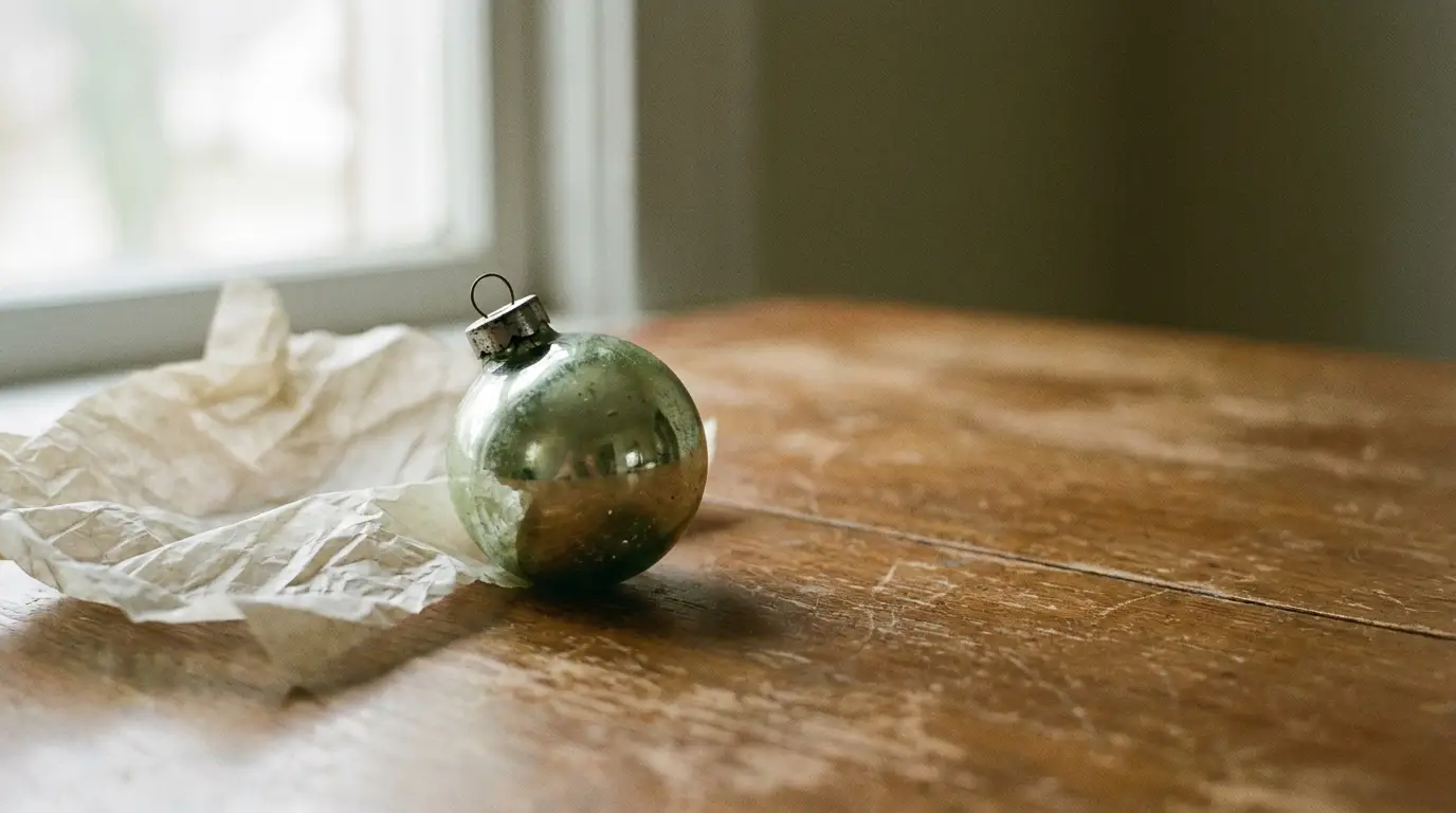 Weathered ornament and crumpled paper on rustic wooden table by a window