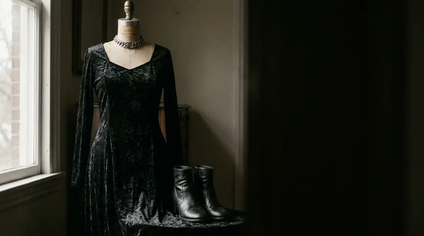 Velvet black dress on a mannequin with boots in dimly lit room