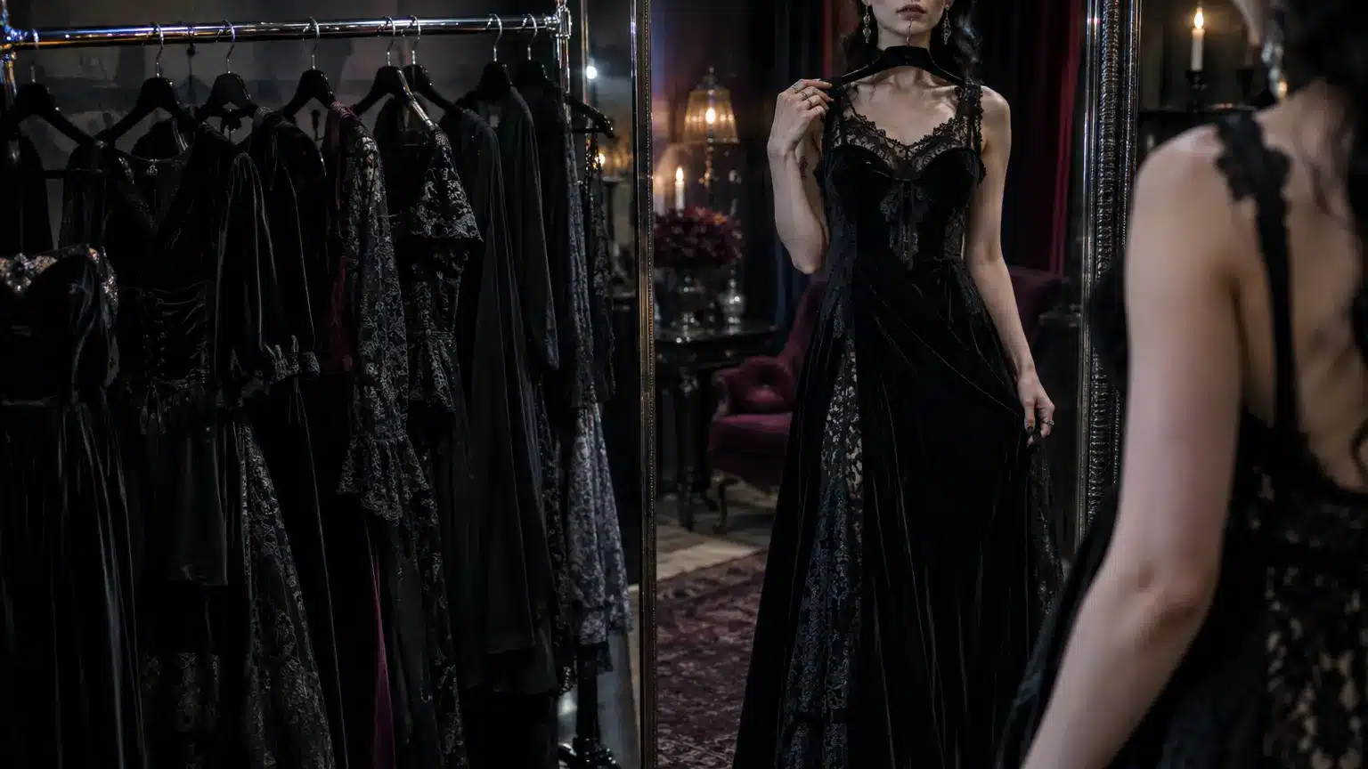 Dimly lit dressing room with woman in elegant black lace gown examining reflection in mirror